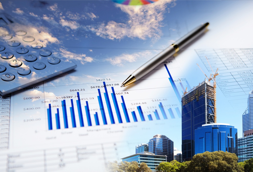 Collage of various business elements. Dollar, stocks, sky, building Collage of various business elements. Dollar, stocks, sky, building